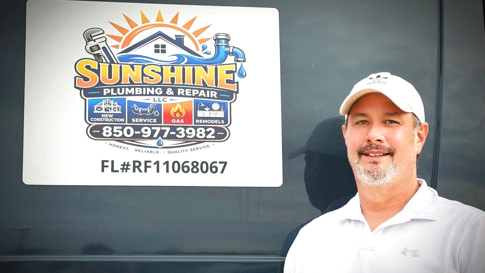 Rich, owner of Sunshine Plumbing & Repair, standing beside his service van in Milton, Florida