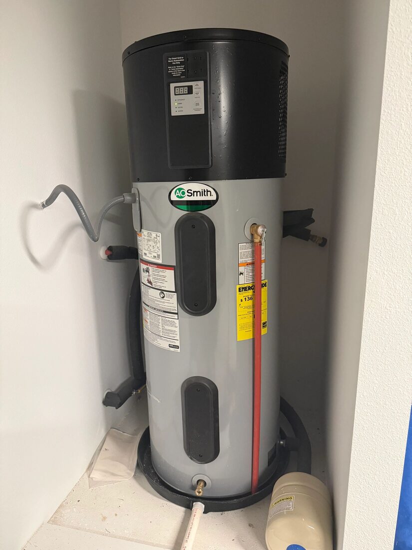 A.O. Smith hybrid heat pump water heater installed and piped in by Sunshine Plumbing & Repair